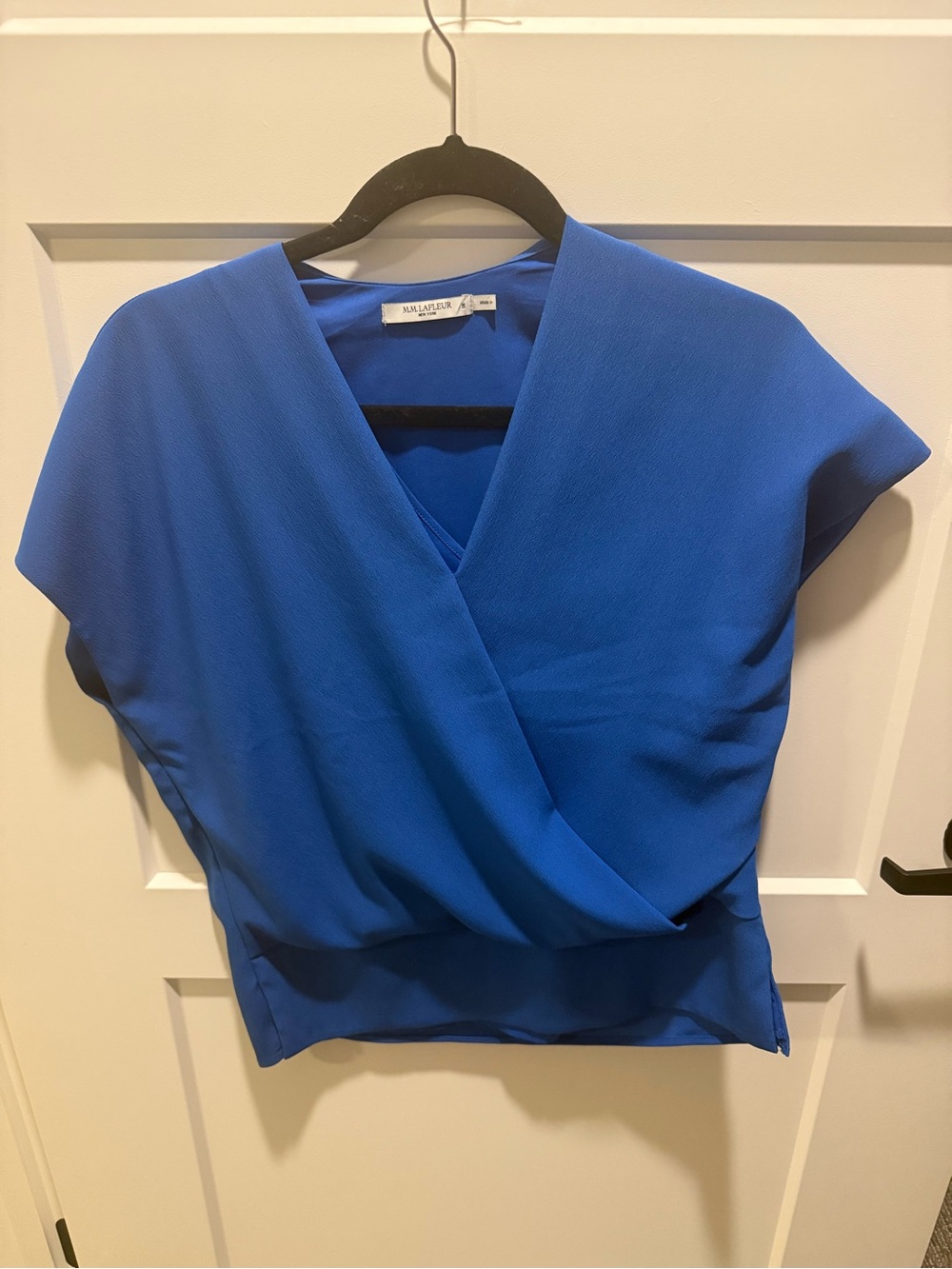 M.M.LaFleur Antonia Faux Wrap Top Royal Blue Draped Blouse Size M